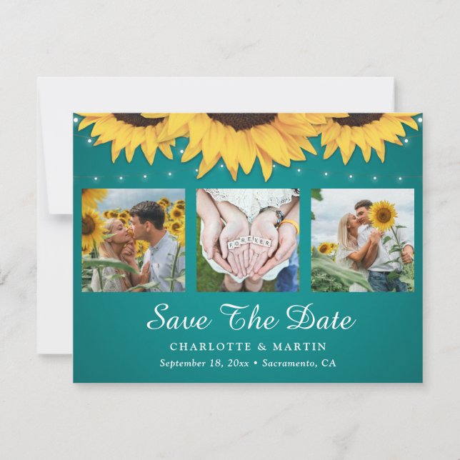 Save The Date Turquoise Tournesol 3 Photo Collage Mariage (Devant)
