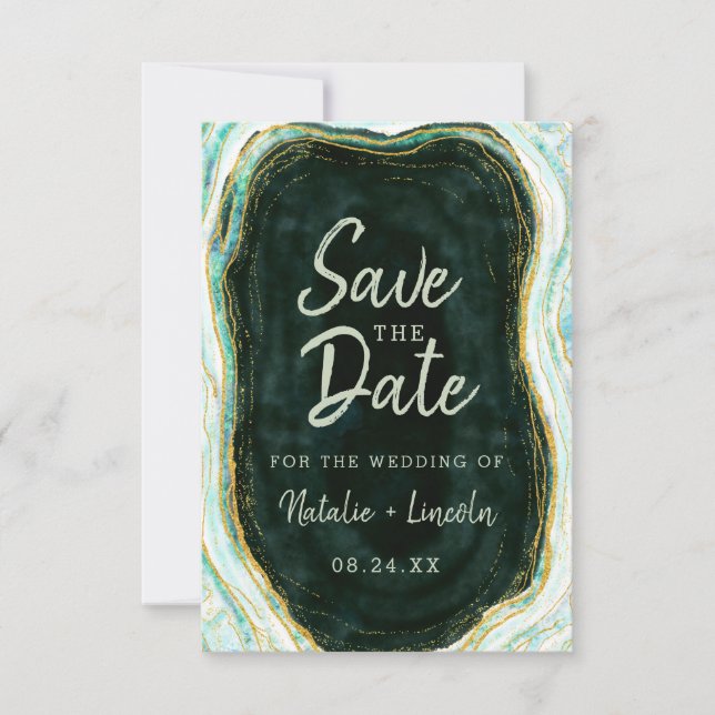 Save The Date Turquoise Vert & Or Agate Marbre Géode Moderne (Devant)