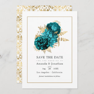 Save The Date Turquoise vintage - Mariage Floral Turquoise et Or