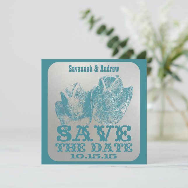 Save The Date Turquoise Western Cowboy Cowgirl Wedding Enregistr (Debout devant)
