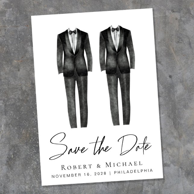Save The Date Tuxedo élégant de mariage gay à l'aquarelle (An elegant Save the Date announcement to set the tone for an unforgettable event)