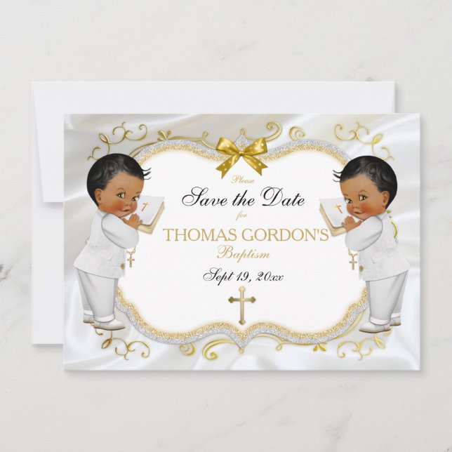 Save The Date Twin Baby Boys Baptême Enregistrer Date Croix d'or (Devant)