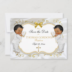 Save The Date Twin Baby Boys Baptême Enregistrer Date Croix d'or