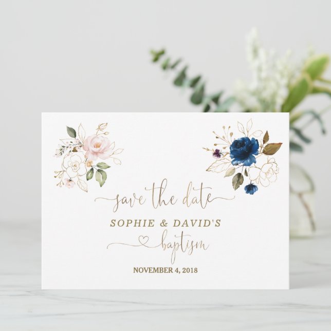 Save The Date Twins Aquarelle rose Bleu Floral Or Baptême (Debout devant)