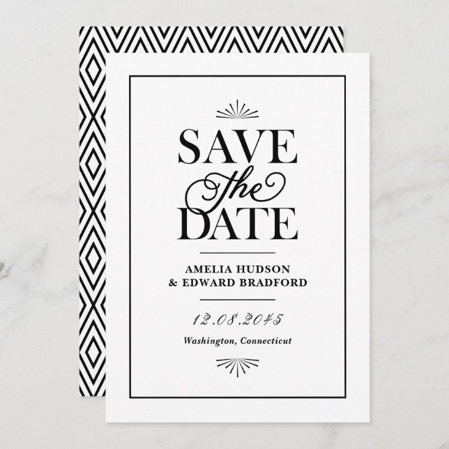 Save The Date Typographie Art déco noir et blanc (Devant / Derrière)