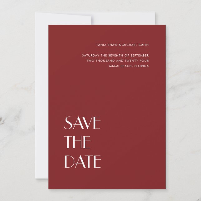 Save The Date Typographie Art Déco Vermilion Mariage rouge (Devant)