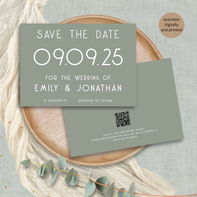 Save The Date Typographie blanche moderne Sage Mariage vert (Front and back view)