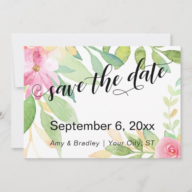 Save The Date Typographie Chic Fleurs Rose Bohème Aquarelle (Devant)