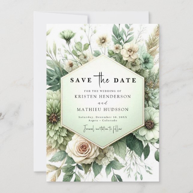 Save The Date Typographie classique unique Sage Mariage vert (Devant)