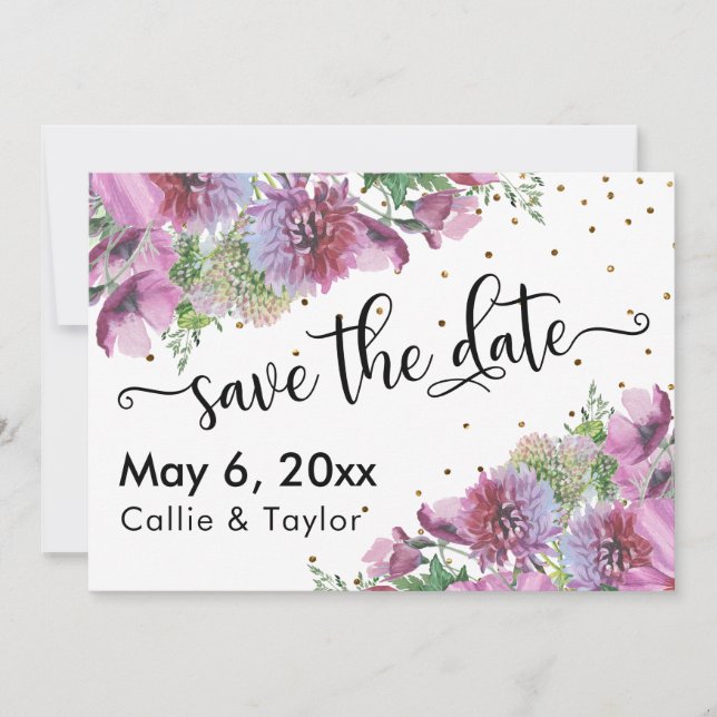 Save The Date Typographie de Confetti en or fleur sauvage Enregi (Devant)