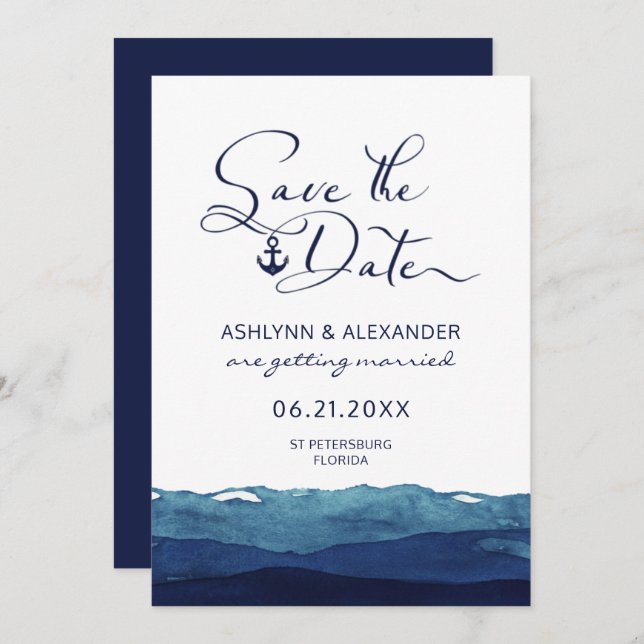 Save The Date Typographie de script d'Ancre nautique Aquarelle M (Devant / Derrière)