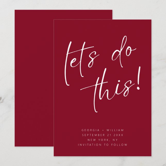 Save The Date Typographie de script minimal rouge cerise tendanc (Devant / Derrière)