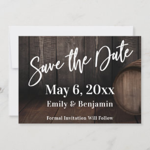 Save The Date Typographie décontractée sur tonneau en bois marro