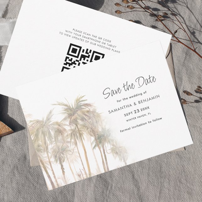Save The Date Typographie des palmiers Code QR Enregistrer la da (Palm Trees QR Code Wedding Save the Date Announcement)