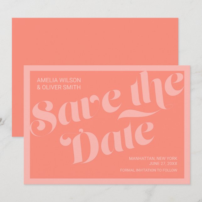 Save The Date Typographie flamboyante Coral Saumon Enregistrer l (Devant / Derrière)