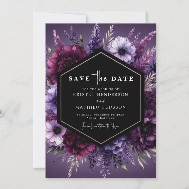 Save The Date Typographie Flore violet Mariage floral (Devant)
