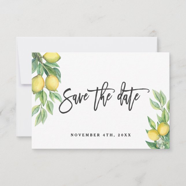 Save The Date Typographie Mariage de citron aquarelle moderne (Devant)