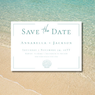 Save The Date Typographie minimale Aqua & White Shell Mariage