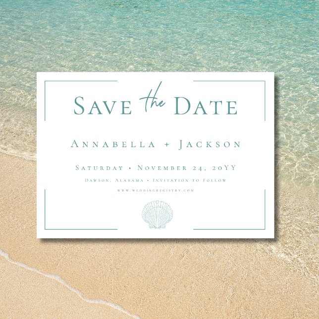 Save The Date Typographie minimale Aqua & White Shell Mariage (Minimal Typography Aqua White Shell Wedding Save The Date)