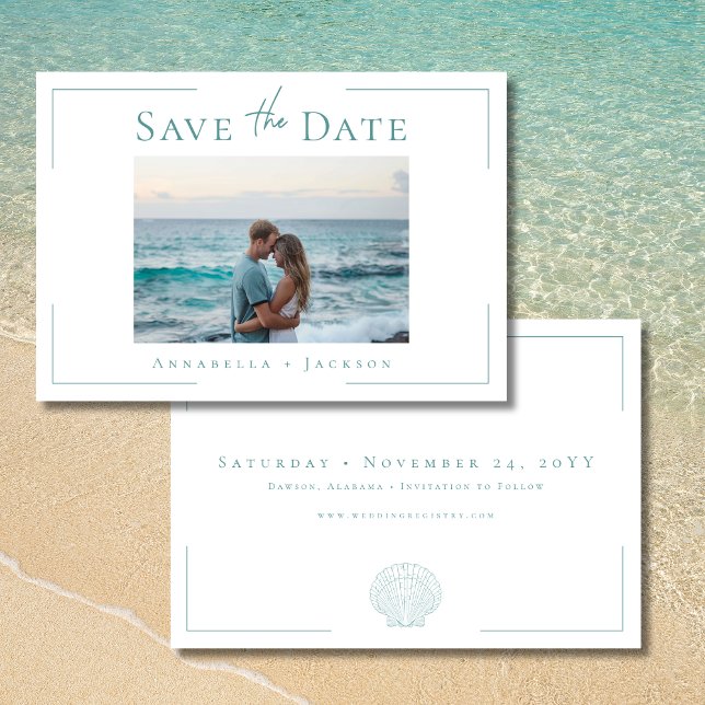 Save The Date Typographie minimale Aqua White Shell Photo Mariag (Minimal Typography Aqua White Shell Photo Wedding Save The Date)