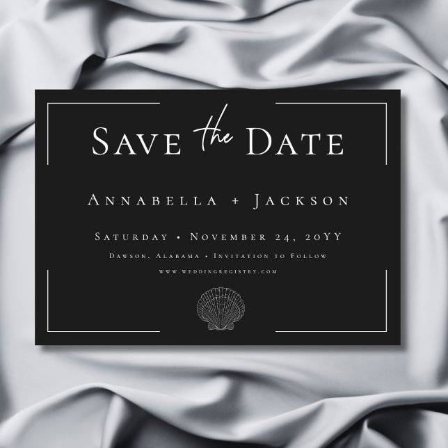 Save The Date Typographie minimale Mariage coquillage noir et bl (Minimal Typography Black & White Shell Wedding Save The Date)