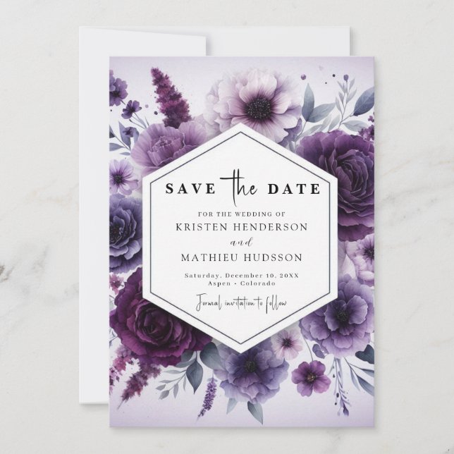 Save The Date Typographie minimale Mariage floral pourpre (Devant)