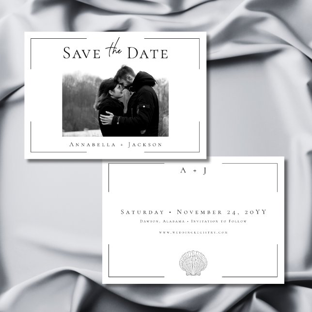 Save The Date Typographie minimale Mariage photo Black White She (Minimal Typography Black White Shell Photo Wedding Save The Date)