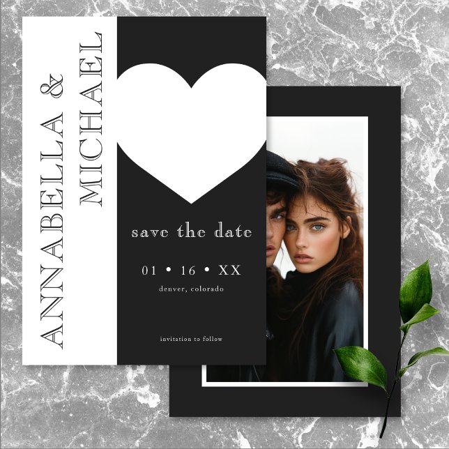 Save The Date Typographie moderne Black White Heart Photo Mariag (Modern Typography Black White Heart Photo Wedding Save The Date)