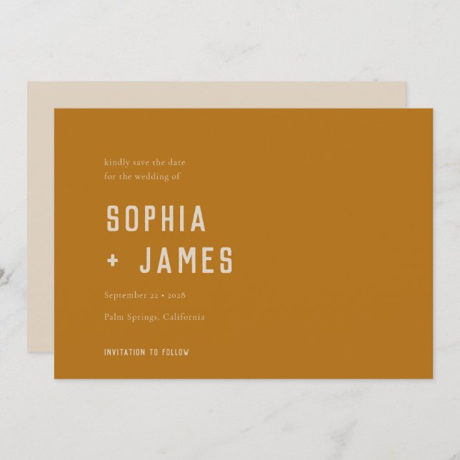 Save The Date Typographie moderne Boho Ochre Burnt Orange (Devant / Derrière)