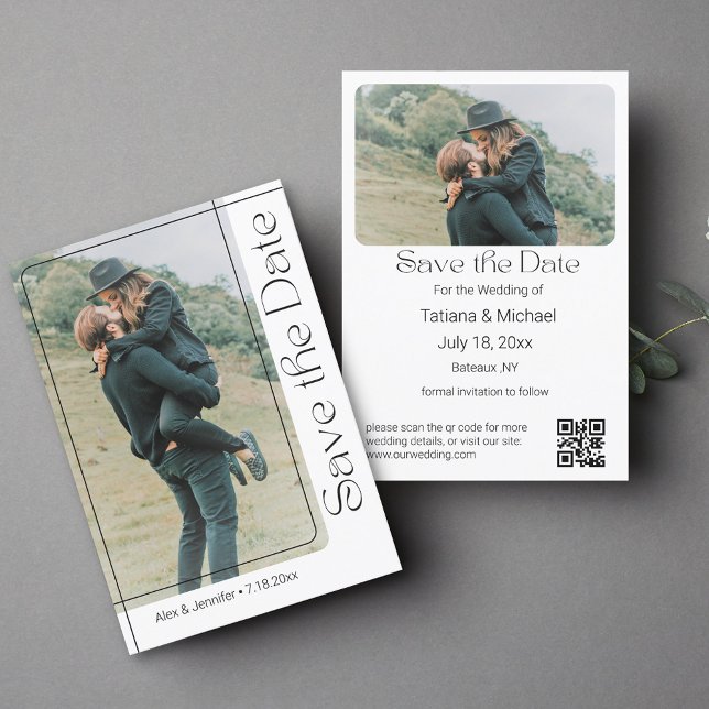 Save The Date typographie moderne cadre chic 2 photos code qr (Créateur téléchargé)