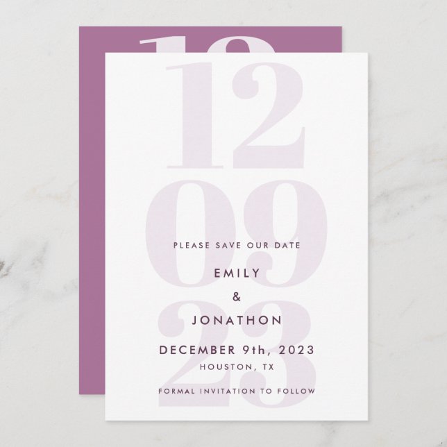 Save The Date Typographie moderne de date Mauve (Devant / Derrière)