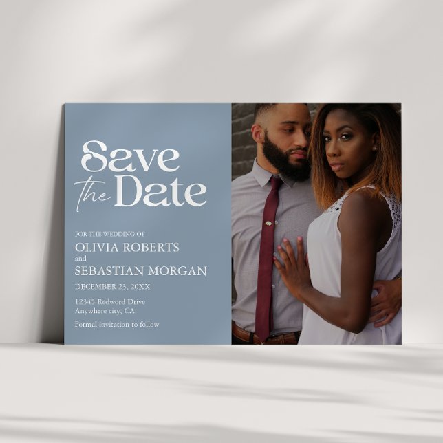 Save The Date Typographie moderne Dusty Blue Photo Mariage (Créateur téléchargé)