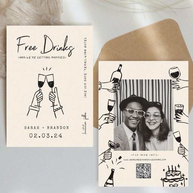 Save The Date Typographie moderne FunnyBoissons libres Photo Qr  (Créateur téléchargé)