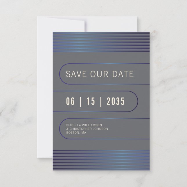 Save The Date Typographie moderne géométrique bleu métallique (Devant)