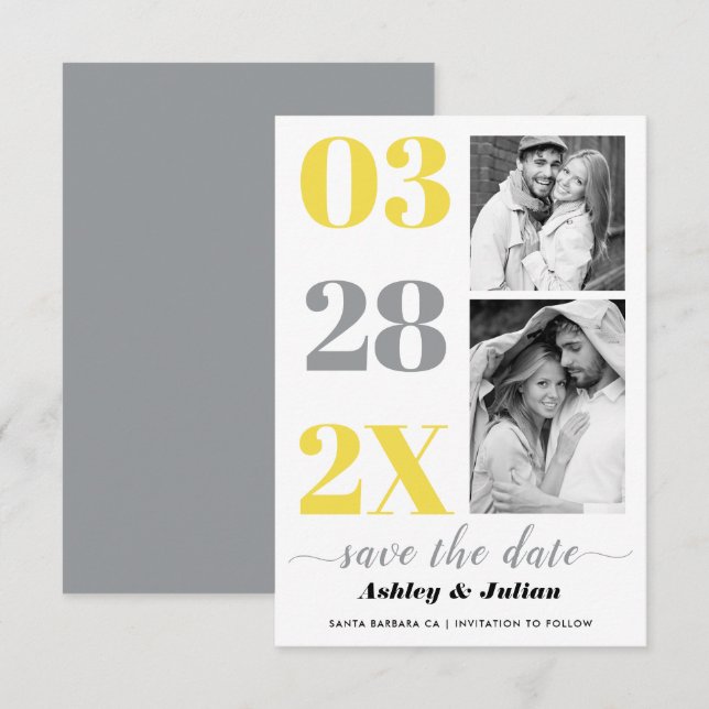 Save The Date Typographie moderne jaune et gris deux photos (Devant / Derrière)