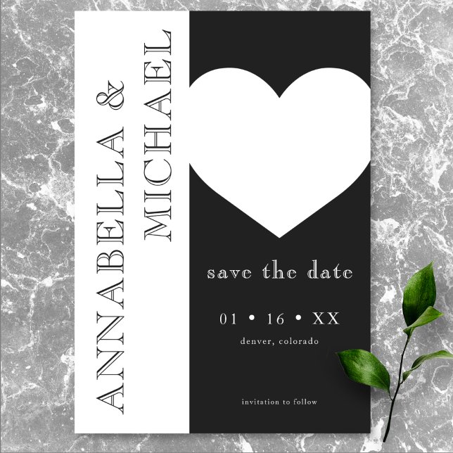 Save The Date Typographie moderne Mariage de coeur noir blanc (Modern Typography Black White Heart Wedding Save The Date)
