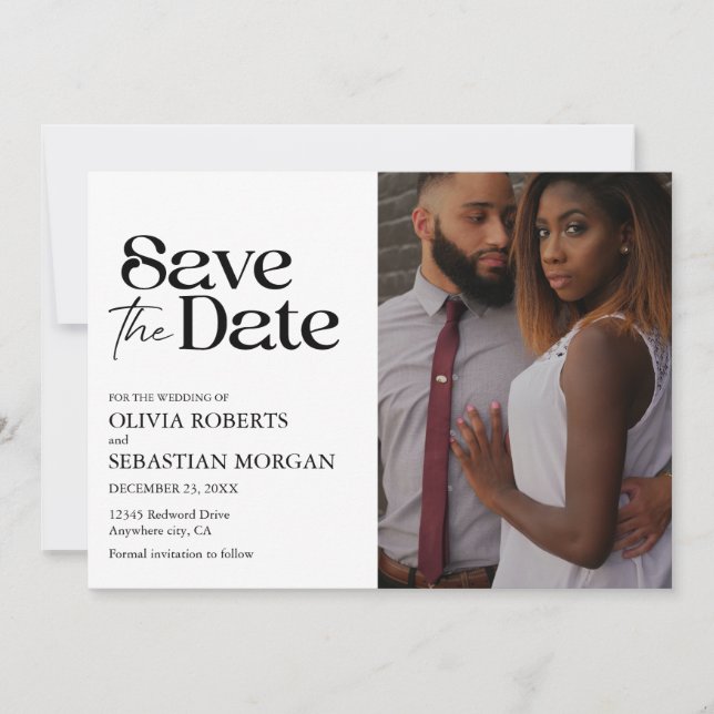 Save The Date Typographie moderne Mariage photo blanc (Devant)