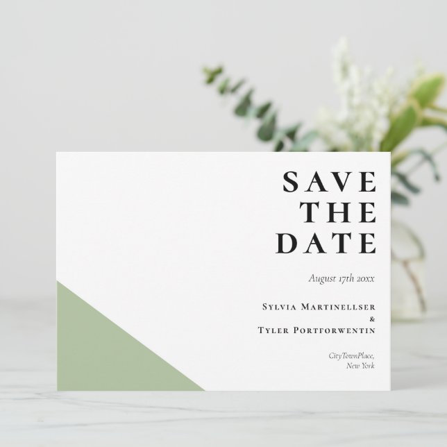 Save The Date Typographie Moderne Sage Vert Blanc Chic Enregistr (Debout devant)