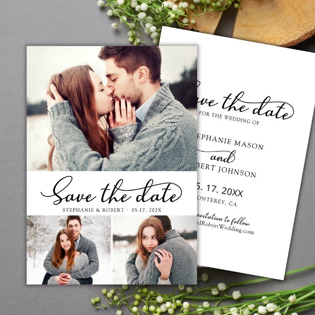Save The Date Typographie moderne Script 3 Photo Collage Mariage (Créateur téléchargé)