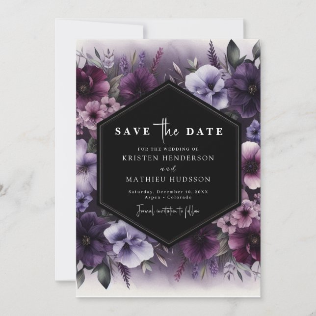 Save The Date Typographie modifiable Mariage floral violet (Devant)