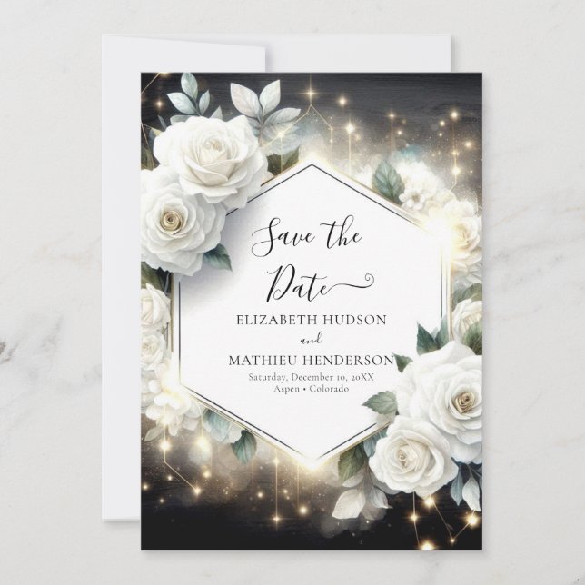 Save The Date Typographie modifiable Mariage Roses blanches (Devant)