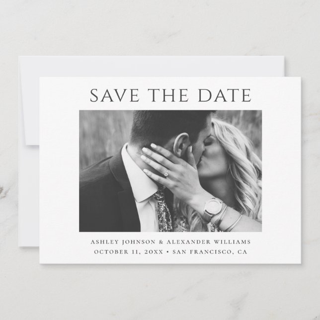 Save The Date Typographie Noir & Blanc. Photo de Mariage Minimal (Devant)
