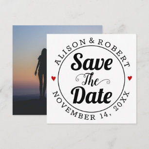 Save The Date Typographie noir et coeurs rouges photo sur le dos