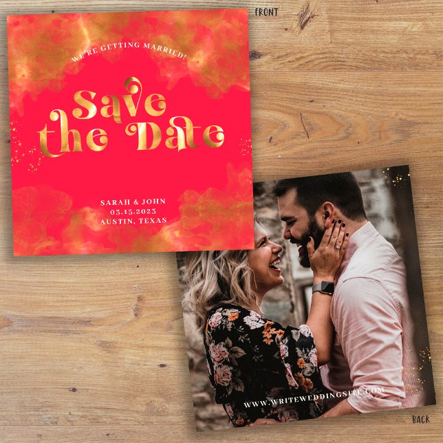 Save The Date Typographie Or Elégante Rouge rose Magenta Photo (Créateur téléchargé)