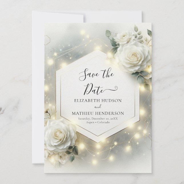 Save The Date Typographie personnalisée Mariage Roses blanches (Devant)