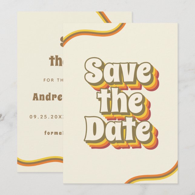 Save The Date Typographie Rétro Groovy & Bandes de l'Arc-en-Ciel (Devant / Derrière)