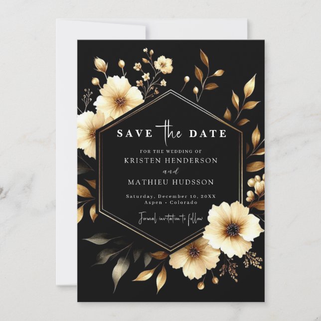 Save The Date Typographie rustique Or et Mariage noir (Devant)