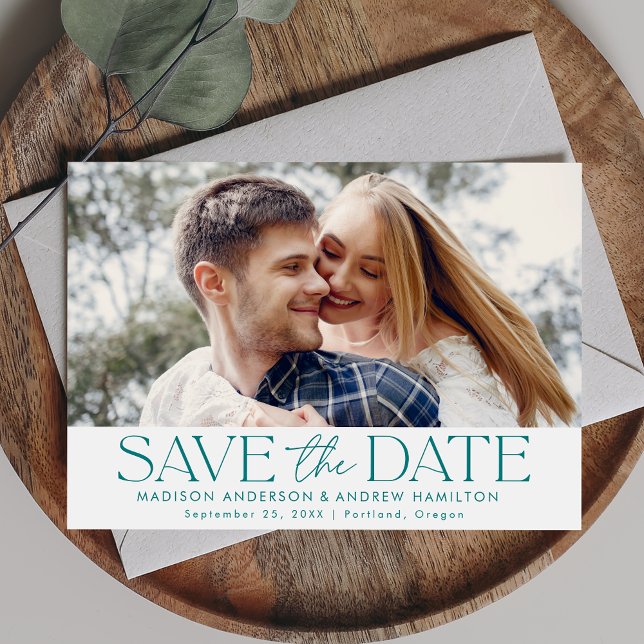 Save The Date Typographie sarcelle moderne photo horizontale (Créateur téléchargé)