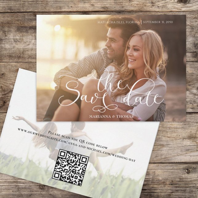 Save The Date Typographie simple moderne Photo QR Code Site Web (Créateur téléchargé)