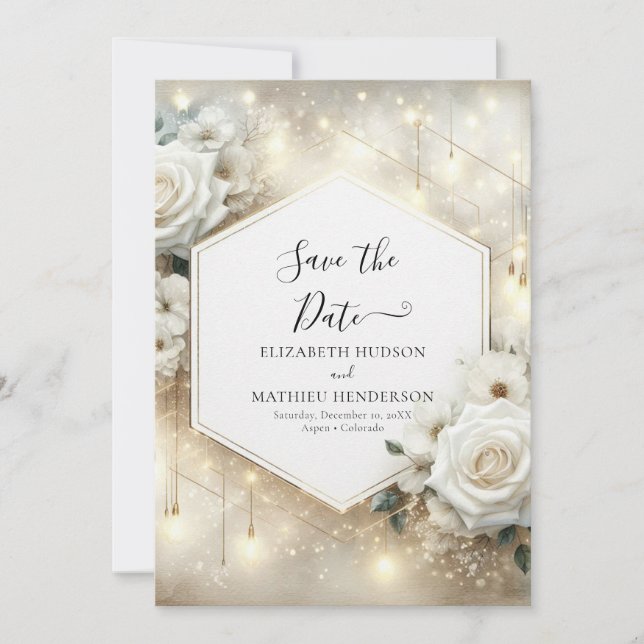 Save The Date Typographie simple Roses blanches Mariage (Devant)